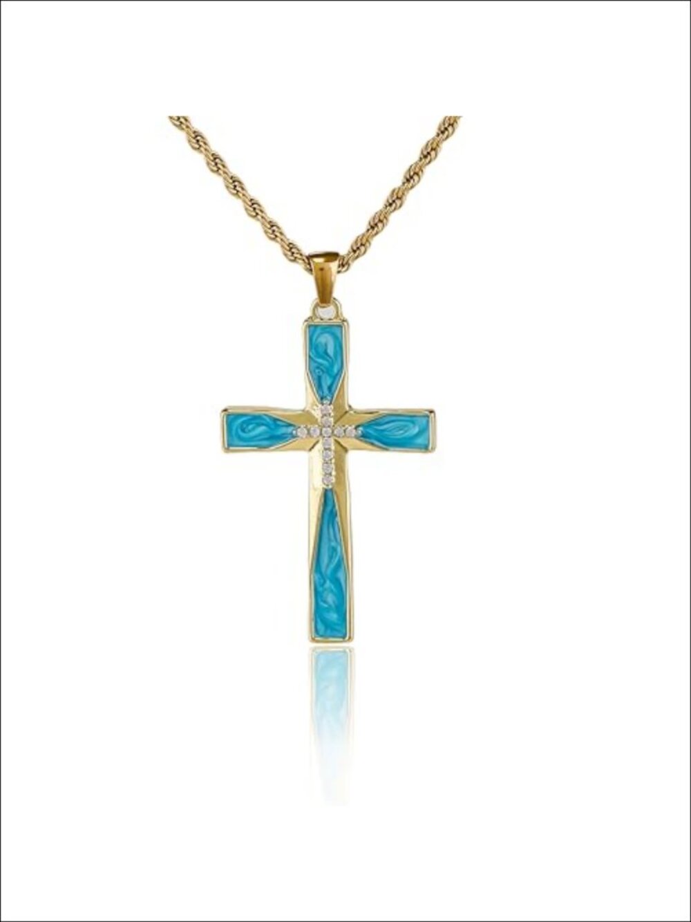 Classical Cross Pendant Necklace Blue Enamel Rhinestones Stainless Steel